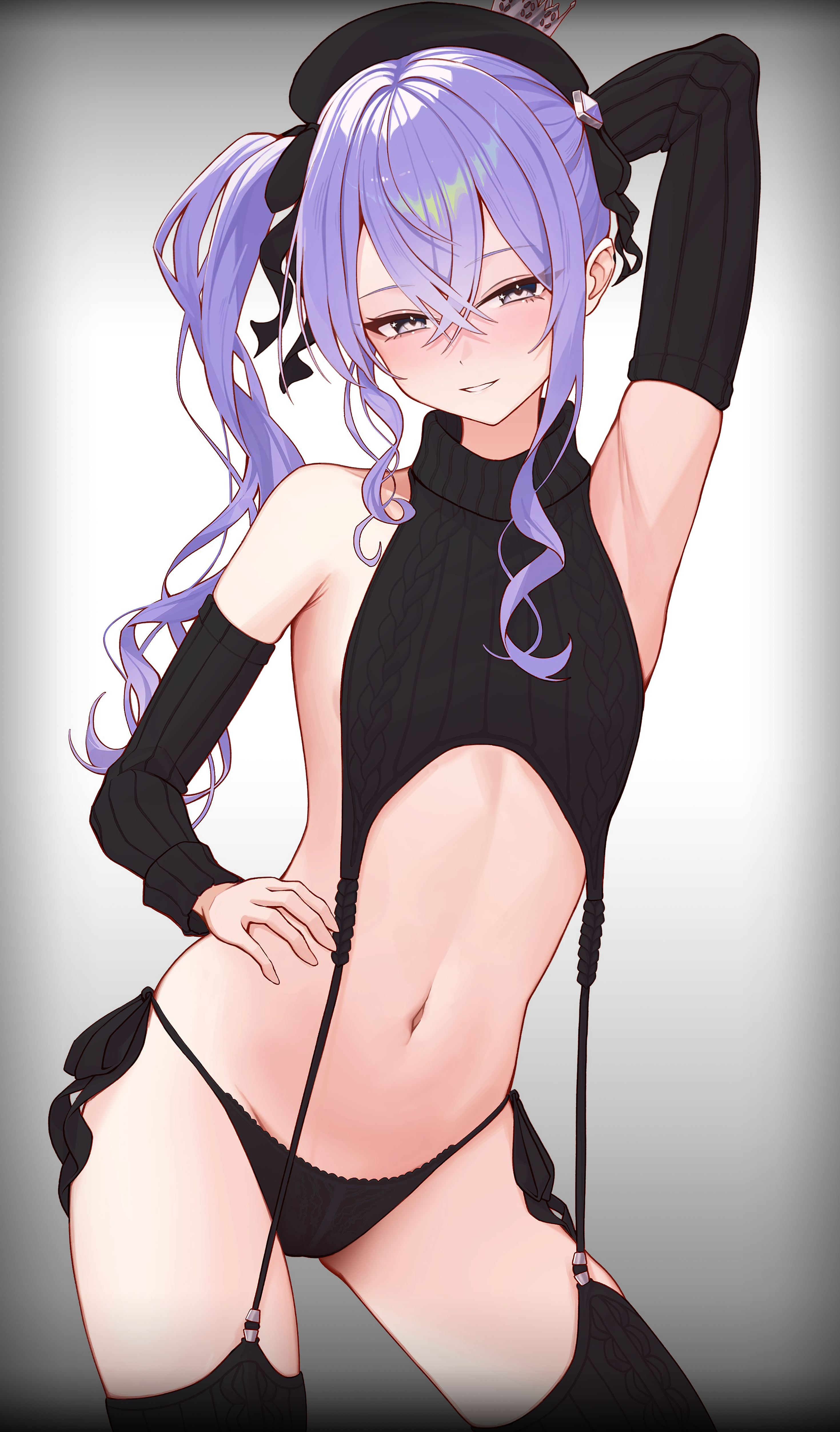yozora (1wkdgusdn), hoshimachi suisei, hololive, absurdres, commentary request, highres, 1girl, arm behind head, arm up, armpits, asymmetrical sidelocks, beret, black hat, black panties, black sleeves, black sweater, black thighhighs, blue eyes, blue hair, cable knit, contrapposto, cropped sweater, crossed bangs, detached sleeves, double-parted bangs, flat chest, garter straps, grin, hair between eyes, hair ribbon, hat, looking at viewer, navel, panties, ribbed panties, ribbed sleeves, ribbed thighhighs, ribbon, side-tie panties, side ponytail, sidelocks, sleeveless, sleeveless sweater, sleeveless turtleneck, smile, solo, star (symbol), star in eye, stomach, straight-on, sweater, symbol in eye, thighhighs, turtleneck, turtleneck sweater, underwear, virgin destroyer sweater, virtual youtuber