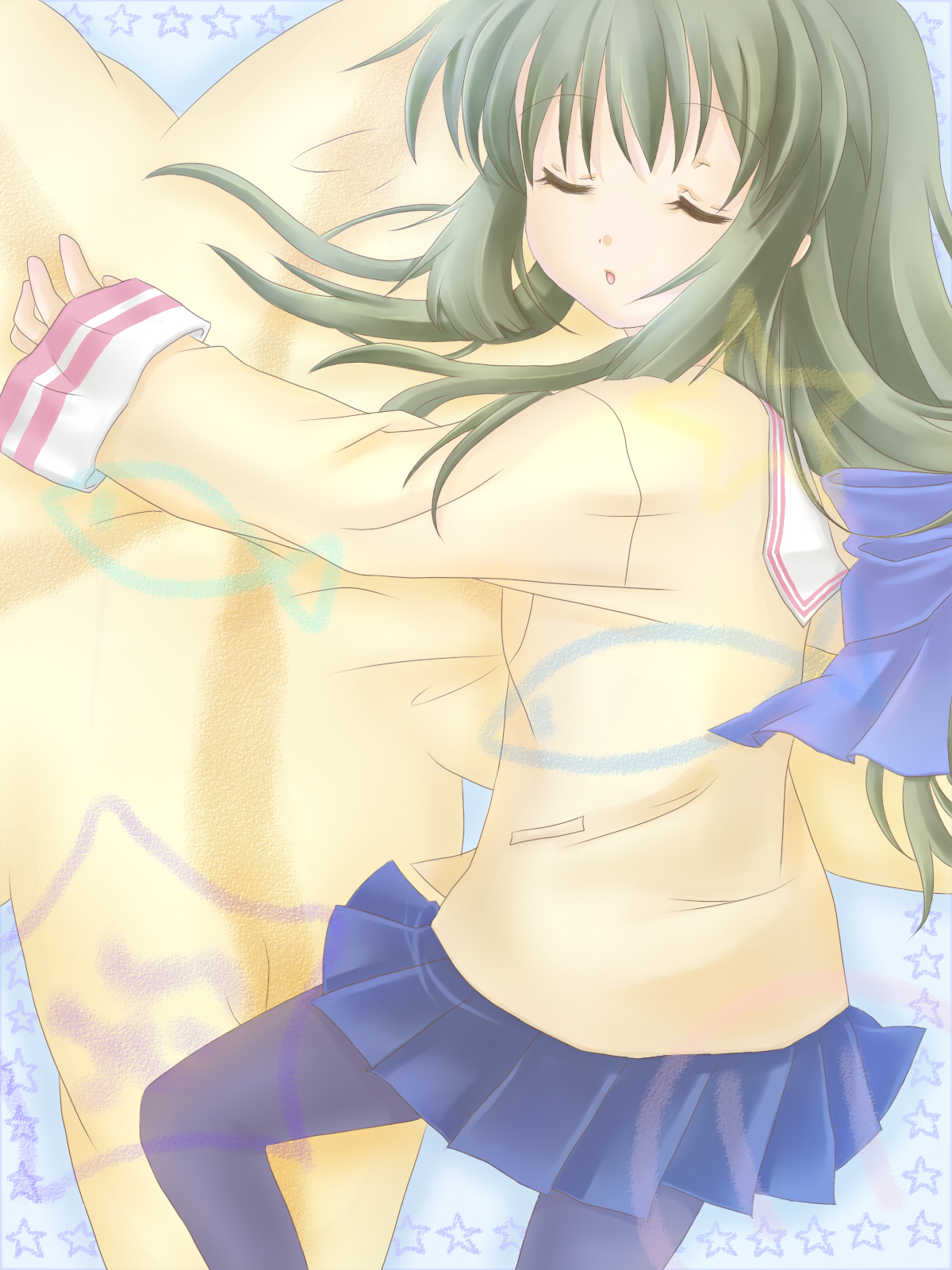 yoizome wine, ibuki fuuko, clannad, highres, 00s, closed eyes, green hair, long hair, pantyhose, pillow, school uniform, sleeping, solo, starfish