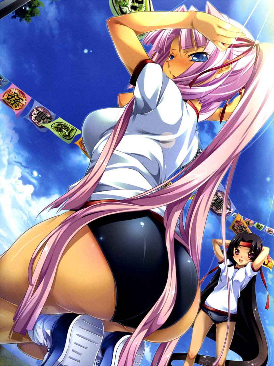 hikage eiji, shuutai (koihime musou), sonken (koihime musou), koihime musou, highres, official art, 00s, 2girls, ass, black hair, blue eyes, blush, breasts, buruma, contemporary, gym uniform, headband, huge ass, large breasts, long hair, multiple girls, pink hair, ribbon, shoes, smile, socks, squatting, very long hair