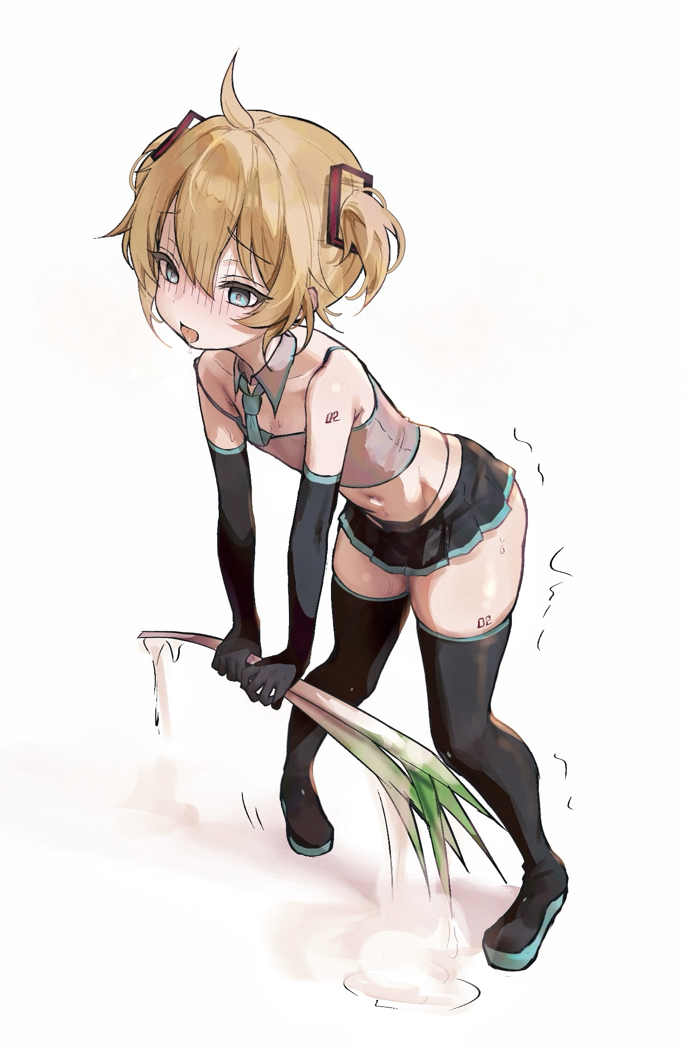 azulasi, hatsune miku, kagamine len, vocaloid, highres, 1boy, black boots, black gloves, black skirt, blonde hair, blue eyes, blue necktie, blush, boots, cosplay, crossdressing, crossdressing (mtf), detached collar, elbow gloves, gloves, hatsune miku (cosplay), male focus, miniskirt, navel, necktie, nose blush, open mouth, pleated skirt, shirt, short hair, skindentation, skirt, sleeveless, sleeveless shirt, solo, spring onion, thigh boots, trap, trembling, twintails
