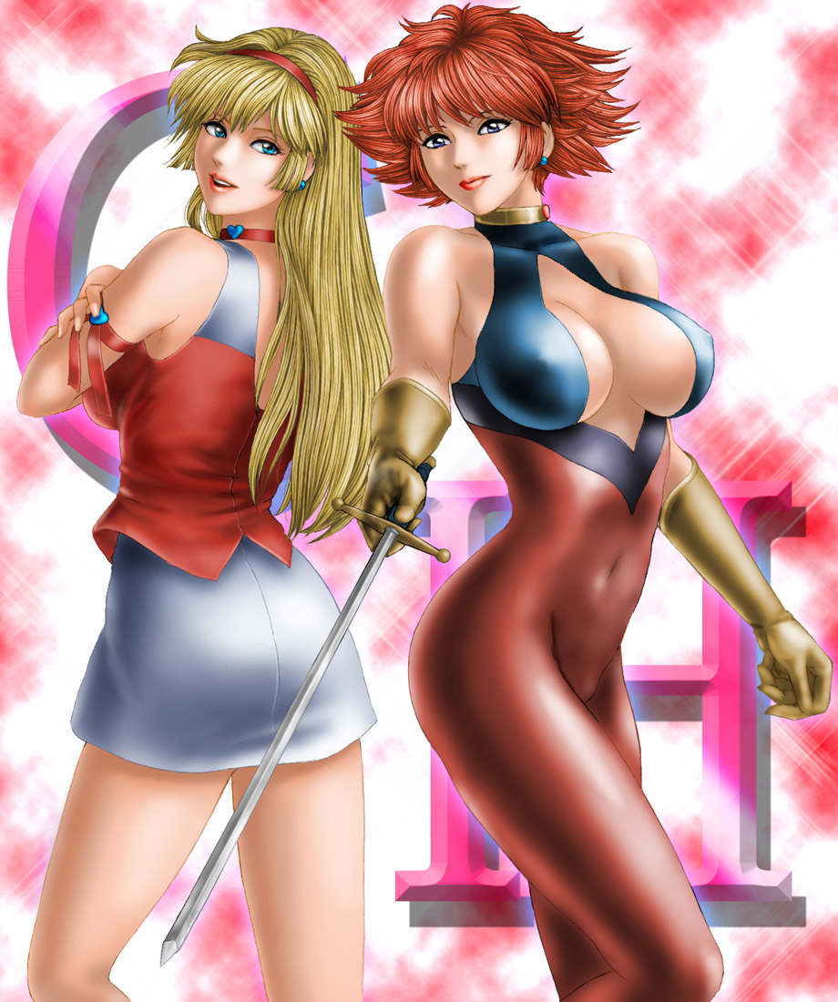 toten (der fuhrer), cutie honey (character), kisaragi honey, cutie honey, toei company, non-web source, 2girls, armband, ass, back-to-back, blonde hair, blue eyes, bodysuit, breasts, choker, cleavage, dual persona, earrings, gloves, heart, jewelry, large breasts, lipstick, long hair, looking back, magical girl, makeup, miniskirt, multiple girls, rapier, red hair, short hair, skin tight, skirt, sword, tank top, weapon