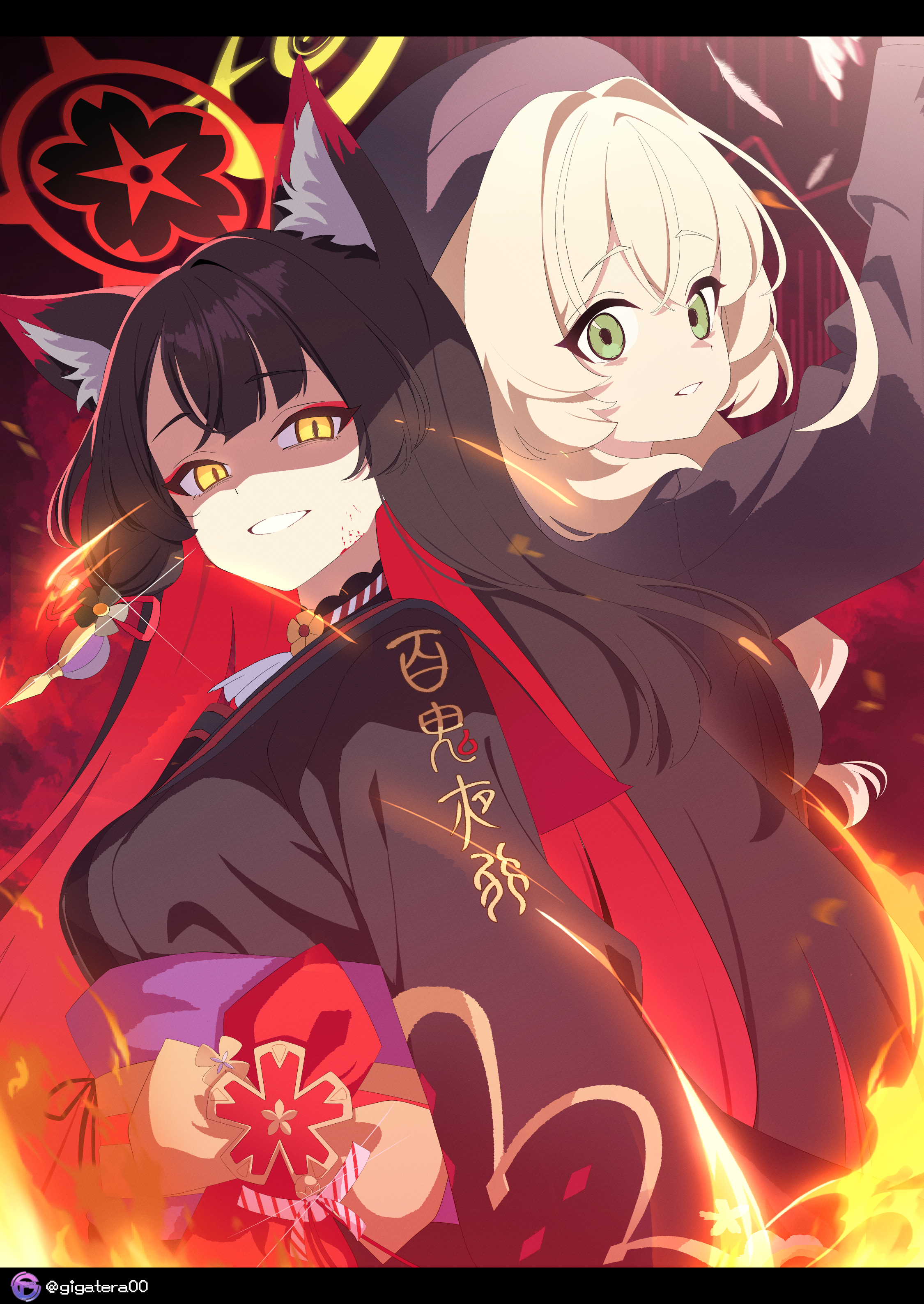 giga-tera, professor niyaniya (blue archive), wakamo (blue archive), blue archive, absurdres, highres, 2girls, animal ear fluff, animal ears, black hair, black hat, black jacket, black kimono, blonde hair, colored inner hair, fox ears, fox girl, green eyes, green halo, grin, hair between eyes, halo, hat, jacket, japanese clothes, kimono, long hair, looking at viewer, multicolored hair, multiple girls, parted lips, purple sash, red hair, red halo, sash, shaded face, smile, staring, two-tone hair, yellow eyes