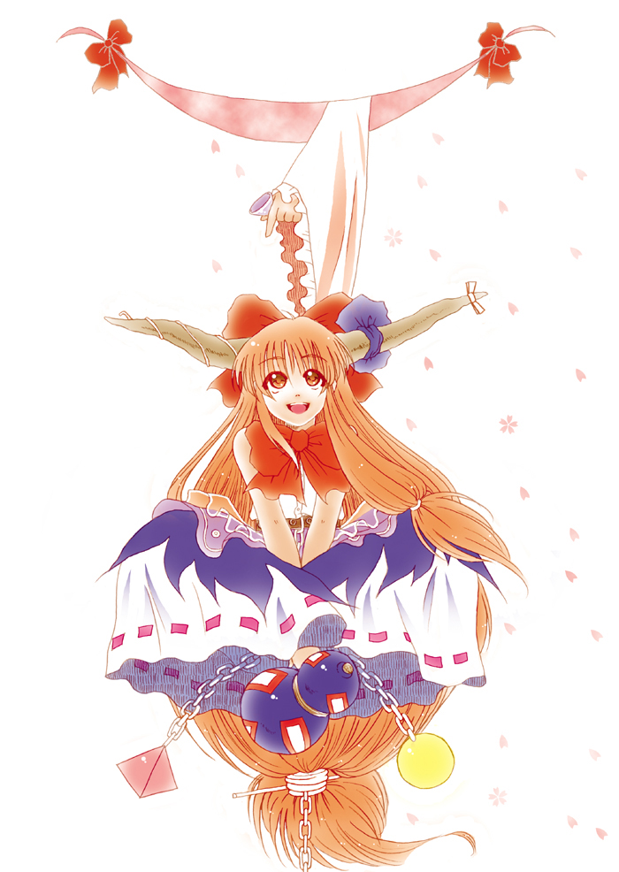 bakufu, fuu (futian), ibuki suika, yakumo yukari, touhou, 1girl, bow, chain, cherry blossoms, female focus, gap (touhou), gourd, hair bow, horns, long hair, solo focus, very long hair