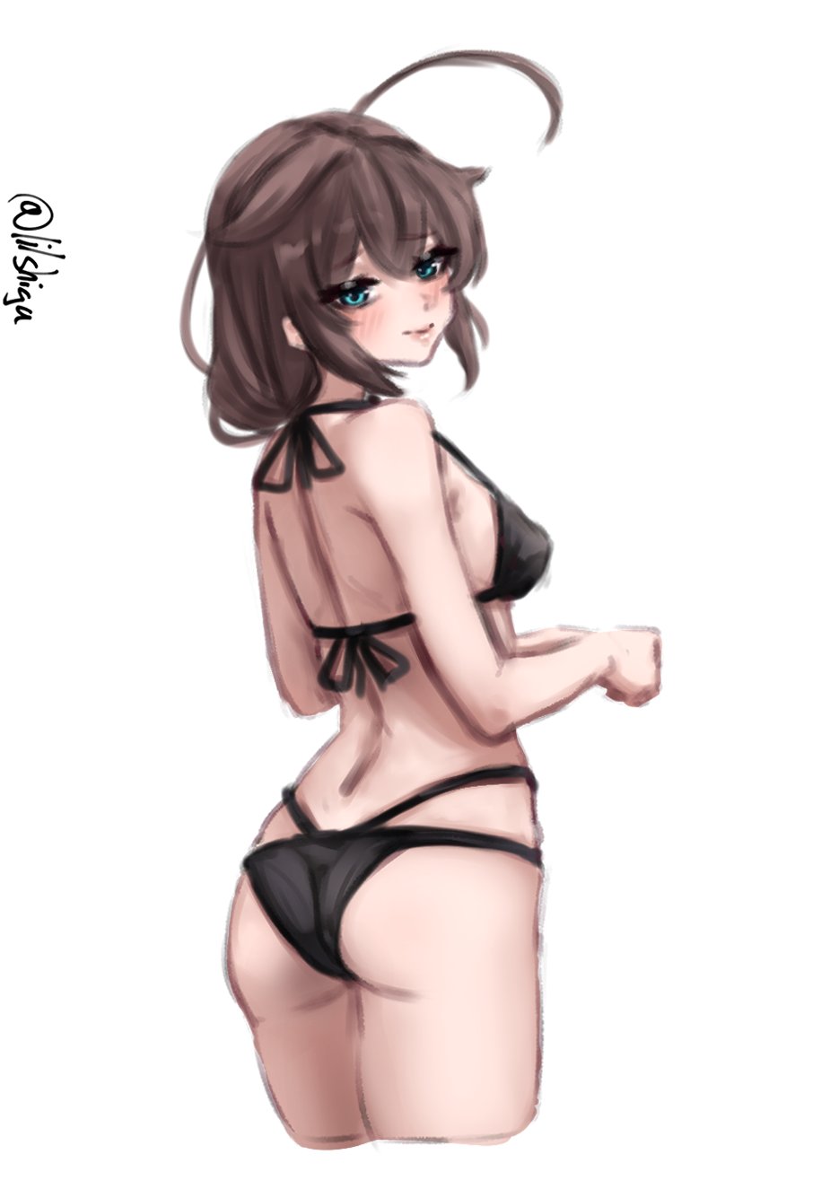 lilshigu, shigure (kancolle), shigure kai ni (kancolle), kantai collection, highres, 1girl, ahoge, ass, bikini, black bikini, black hair, blue eyes, breasts, hair over shoulder, long hair, looking at viewer, looking back, medium breasts, multi-strapped bikini bottom, one-hour drawing challenge, simple background, solo, swimsuit, twitter username, white background