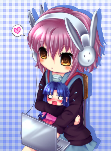 saotome mirai, achakura, asakura ryoko, nagato yuki, suzumiya haruhi-chan no yuuutsu, suzumiya haruhi no yuuutsu, bad id, bad pixiv id, 00s, 2girls, brown eyes, bunny headphones, cardigan, chibi, computer, computer keyboard, headphones, hug, laptop, multiple girls, o o, purple hair, school uniform, serafuku, short hair