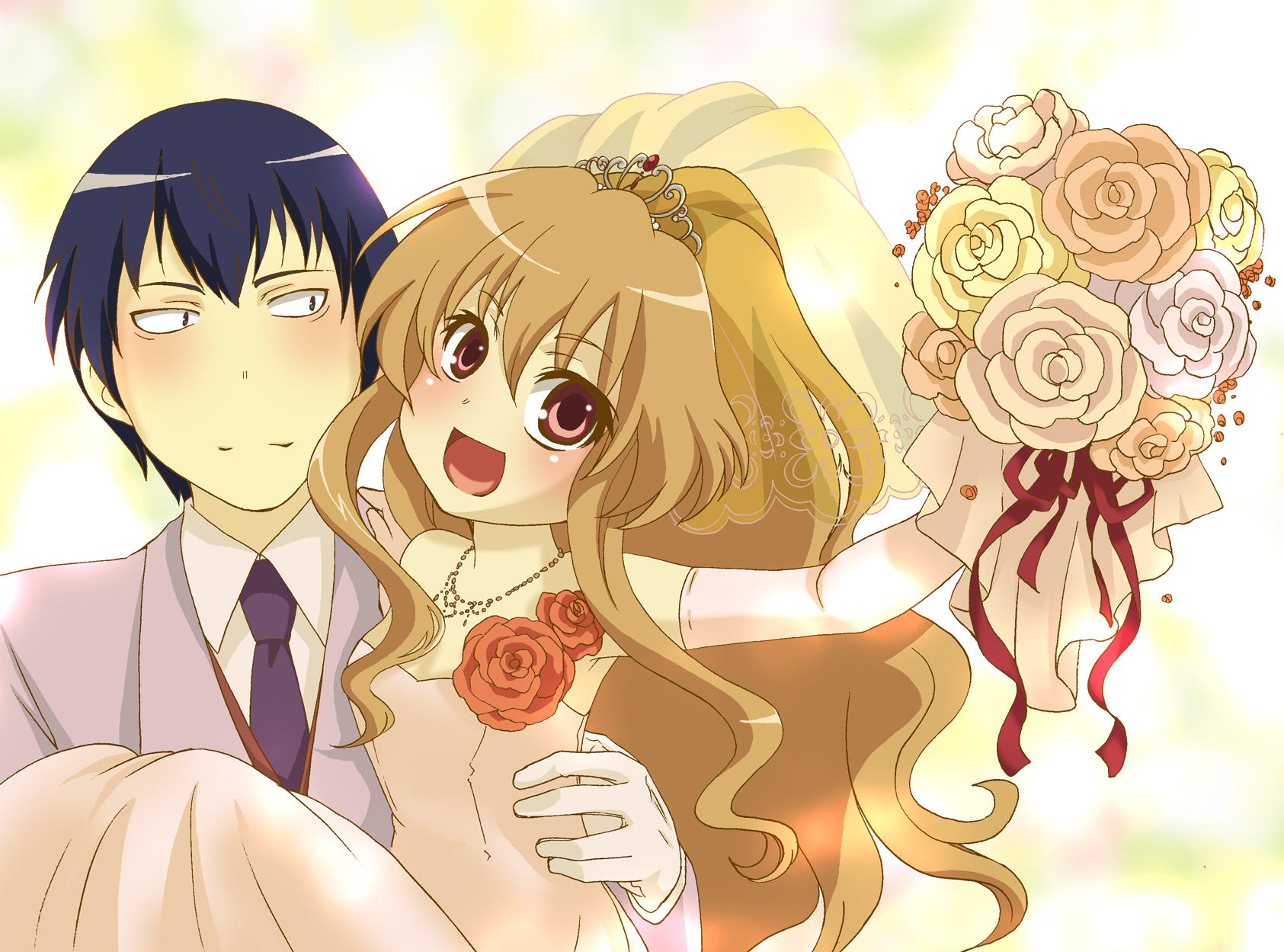 tubo, aisaka taiga, takasu ryuuji, toradora!, highres, 00s, blue hair, bouquet, bridal veil, bride, brown eyes, brown hair, carrying, dress, elbow gloves, flower, gloves, long hair, princess carry, short hair, tiara, veil, wedding dress