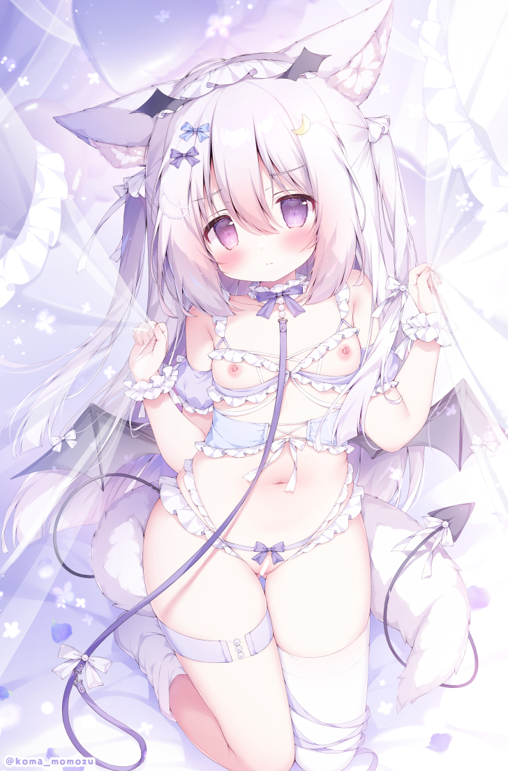 momozu komamochi, original, 1girl, animal ear fluff, animal ears, breasts, crotchless, crotchless panties, frilled panties, frills, long hair, navel, nipples, panties, purple eyes, small breasts, solo, tail, thighhighs, underwear, white thighhighs, wings