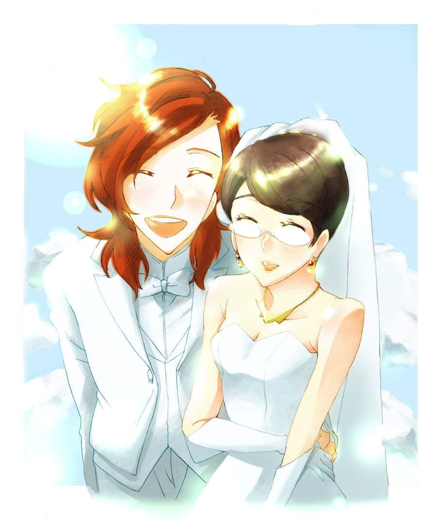 kuro haruka 8, kati mannequin, patrick colasour, gundam, gundam 00, 00s, bride, brown hair, closed eyes, dress, earrings, formal clothes, glasses, gloves, good end, jewelry, necklace, short hair, smile, suit, wedding, wedding dress