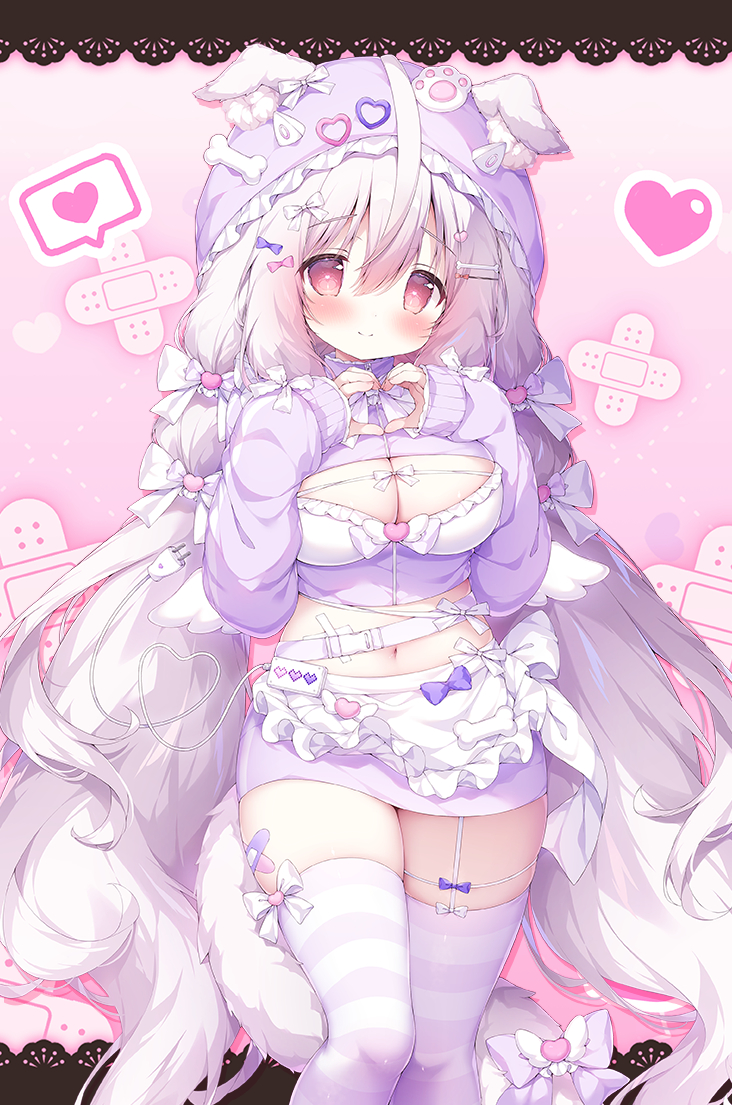 momozu komamochi, original, 1girl, animal ears, breasts, heart, large breasts, long hair, solo, striped clothes, striped thighhighs, tail, thighhighs