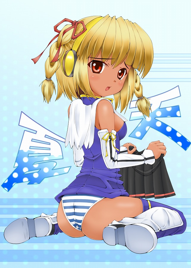 fenrir (pixiv112358), xiatian (beatmania), beatmania iidx, bemani, bad id, bad pixiv id, ass, bare shoulders, blonde hair, blush, boots, braid, cape, loli, panties, red eyes, short hair, solo, striped clothes, striped panties, tan, twin braids, underwear