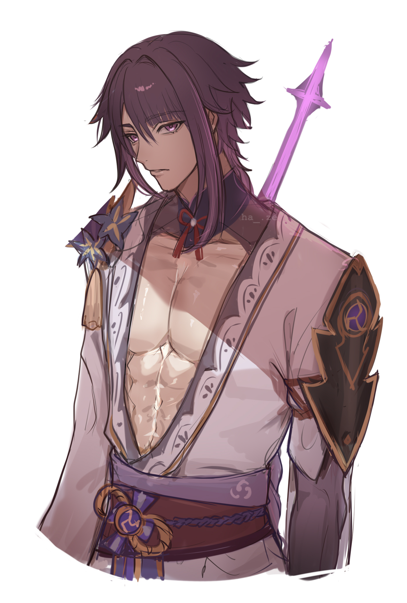 haze (ha ze), raiden shogun, genshin impact, commentary request, highres, 1boy, alternate costume, alternate universe, armor, artist name, bishounen, blue flower, braid, brown hair, collarbone, flower, genderswap, genderswap (ftm), holding, holding behind back, holding polearm, holding polearm behind back, holding weapon, holding weapon behind back, japanese clothes, large pectorals, long hair, looking at viewer, male focus, mitsudomoe (shape), mole, mole under eye, muscular, muscular male, obi, obiage, obijime, open mouth, parted lips, pectorals, polearm, purple eyes, purple flower, sash, shoulder armor, simple background, solo, tassel, tomoe (symbol), toned, toned male, upper body, watermark, weapon, white background