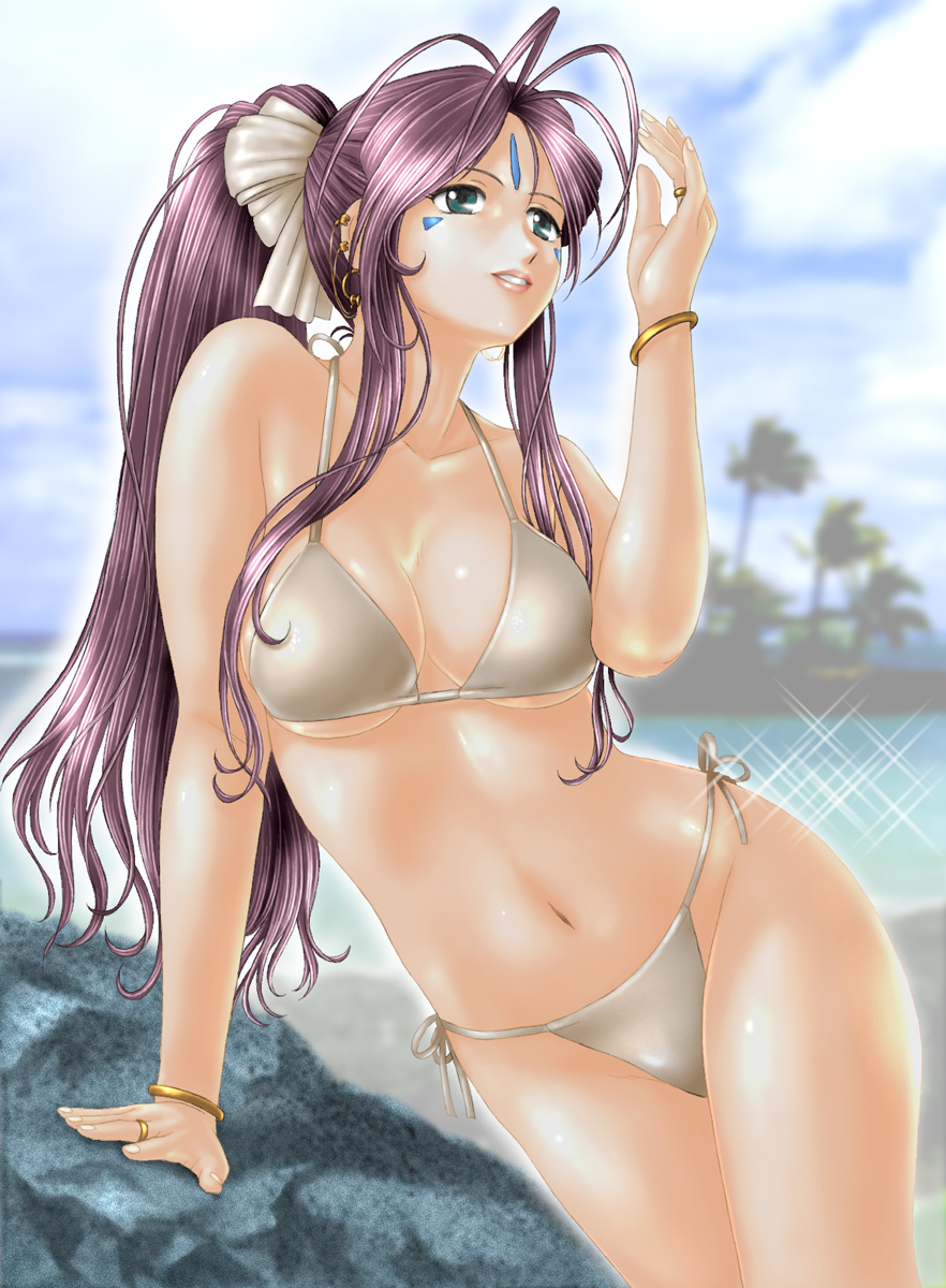 toten (der fuhrer), belldandy, aa megami-sama, highres, 1girl, antenna hair, arm support, bikini, bracelet, breasts, cleavage, cloud, day, earrings, facial mark, female focus, forehead mark, jewelry, long hair, medium breasts, multiple earrings, ponytail, purple hair, ring, shiny skin, side-tie bikini bottom, sky, smile, solo, swimsuit, underboob, white bikini