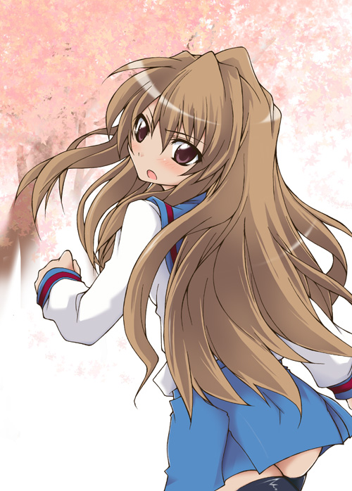 hazuki haru, aisaka taiga, suzumiya haruhi no yuuutsu, toradora!, bad id, bad pixiv id, brown eyes, brown hair, cosplay, long hair, looking back, school uniform, serafuku, solo, thighhighs