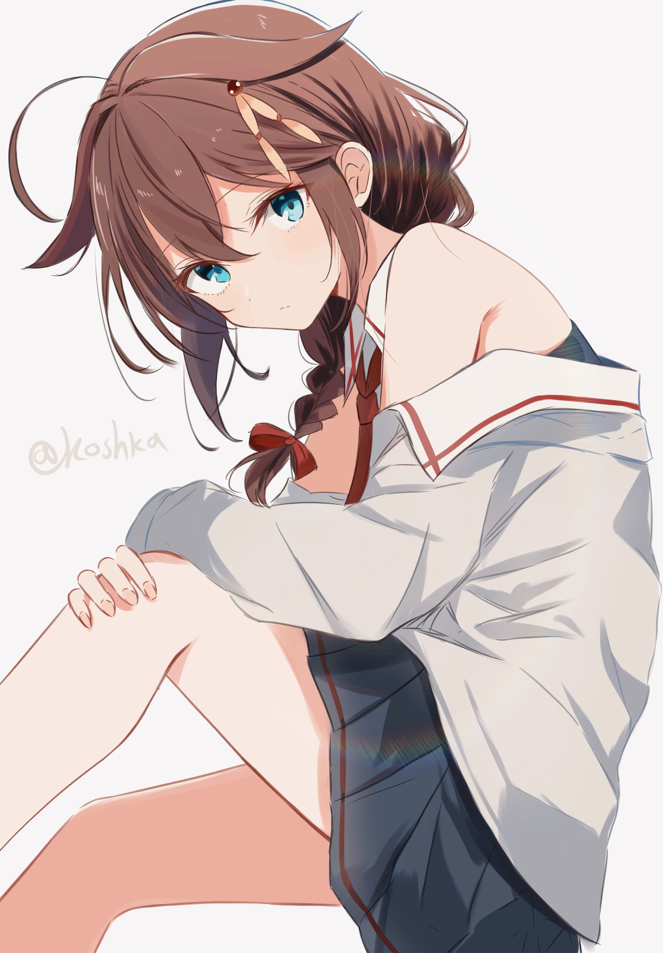 koshka pic, shigure (kancolle), shigure kai san (kancolle), kantai collection, absurdres, highres, 1girl, adapted costume, ahoge, black neckerchief, blue eyes, braid, brown hair, detached collar, hair flaps, hair over shoulder, long hair, looking at viewer, neckerchief, necktie, off-shoulder shirt, off shoulder, red necktie, shirt, simple background, single braid, sitting, solo, white background