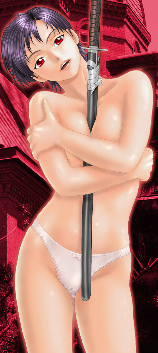 toten (der fuhrer), otonashi saya, blood+, highres, 00s, 1girl, between breasts, black hair, breasts, covering breasts, covering privates, female focus, katana, medium breasts, no pants, nude, panties, red eyes, sheath, sheathed, short hair, solo, sword, topless female, underwear, weapon, white panties
