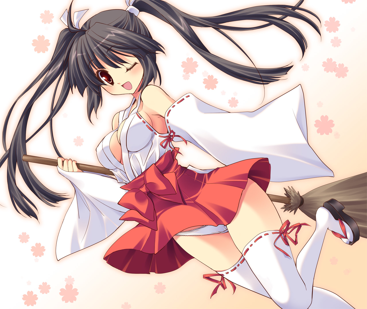 yukiwo, original, 1girl, adapted uniform, black hair, breasts, broom, cleavage, detached sleeves, female focus, hair ribbon, japanese clothes, kimono, kimono skirt, legs, long hair, looking at viewer, miko, no bra, okobo, one eye closed, panties, pantyshot, platform sandals, red eyes, ribbon, ribbon-trimmed clothes, ribbon-trimmed legwear, ribbon-trimmed sleeves, ribbon trim, sandals, sideboob, smile, solo, tabi, thighhighs, twintails, underwear, upskirt, wide sleeves, wink