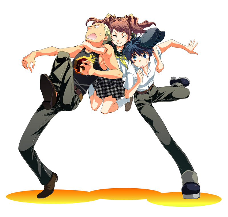 mgk968, kujikawa rise, shirogane naoto, tatsumi kanji, atlus, persona, persona 4, 1boy, 2girls, androgynous, blonde hair, blue hair, closed eyes, dress shirt, hat, hug, jumping, multiple girls, newsboy cap, red hair, reverse trap, school uniform, shirt, short hair