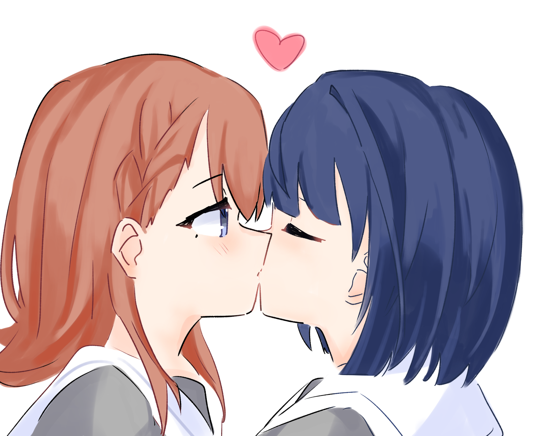hanasato minori, kiritani haruka, project sekai, commentary, highres, 2girls, blue eyes, blue hair, blush, grey shirt, heart, kiss, long hair, multiple girls, orange hair, sailor collar, school uniform, serafuku, shirt, short hair, simple background, t neyuna, white background, white sailor collar, yuri