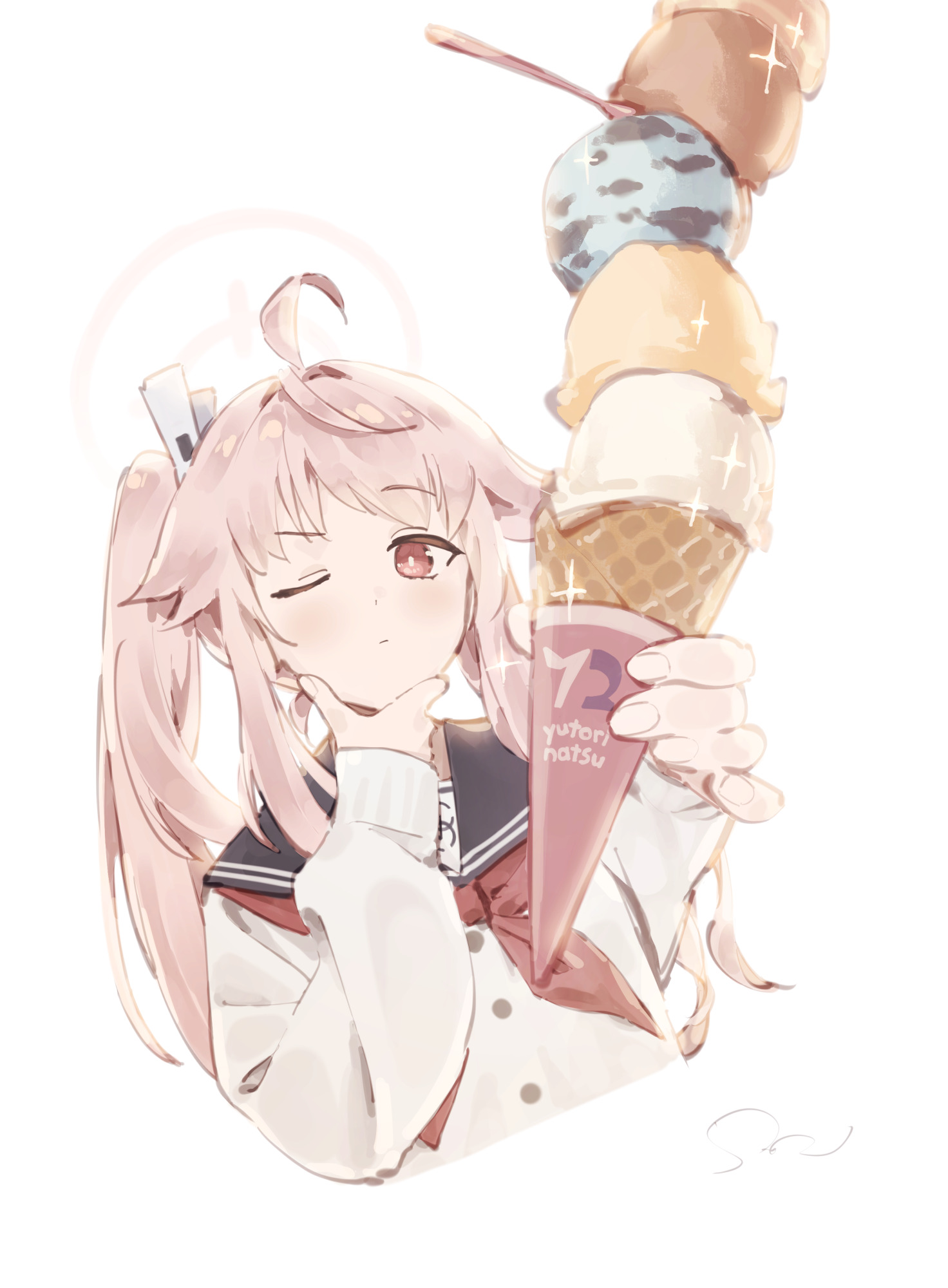 sanpo (sanpo 1027), natsu (blue archive), baskin-robbins, blue archive, commentary, highres, 1girl, ahoge, blue sailor collar, brand name imitation, cardigan, character name, closed mouth, cropped torso, dot nose, fingernails, food, foreshortening, hair ornament, hairclip, halo, hand on own chin, hands up, holding, holding ice cream cone, ice cream, ice cream cone, l hand, light blush, long hair, long sleeves, looking at viewer, multiple scoops, neckerchief, one eye closed, outstretched arm, pink hair, pink halo, plastic spoon, red eyes, red neckerchief, sailor collar, school uniform, side ponytail, signature, simple background, solo, sparkle, spoon, too many, too many scoops, white background, white cardigan