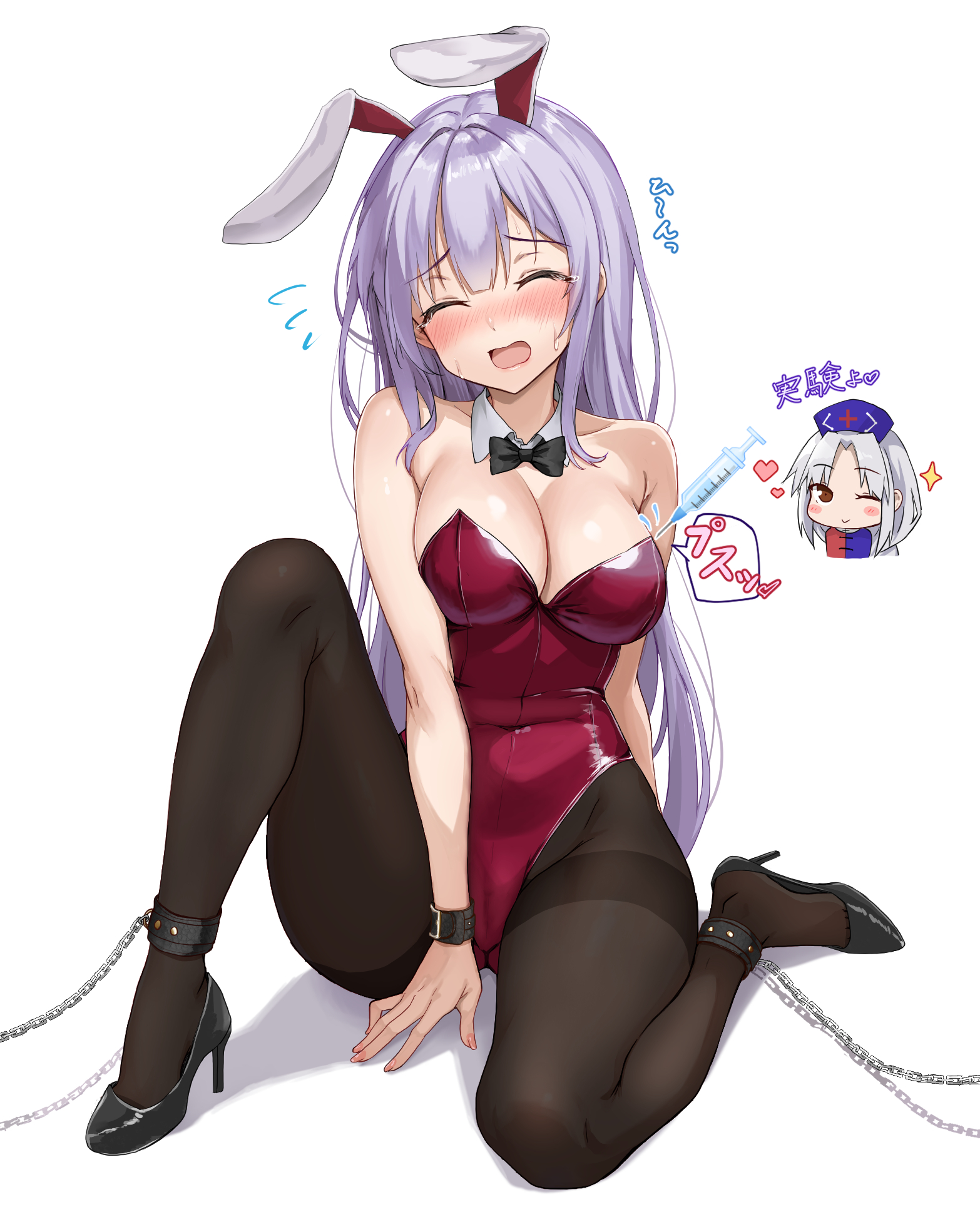 amagi (amagi626), reisen udongein inaba, yagokoro eirin, touhou, commentary request, highres, paid reward available, translation request, variant set, 1girl, ;), alternate costume, animal ears, arm behind back, armpit crease, bare shoulders, between legs, black bow, black bowtie, black pantyhose, black shoes, blunt bangs, blush, blush stickers, bow, bowtie, breasts, chain, chibi, chibi inset, cleavage, closed eyes, collarbone, covered navel, cuffs, detached collar, eyelashes, facing viewer, flying sweatdrops, furrowed brow, hair intakes, hand between legs, heart, high heels, highleg, highleg leotard, injection, knee up, large breasts, legs, leotard, long hair, nervous, nose blush, one eye closed, open mouth, pantyhose, playboy bunny, purple hair, rabbit ears, rabbit girl, red leotard, restrained, shackles, shoes, sidelocks, simple background, sitting, smile, solo, sparkle, speech bubble, spoken sound effect, straight hair, strapless, strapless leotard, sweatdrop, syringe, tearing up, thighband pantyhose, thighs, very long hair, wavy mouth, white background, wrist cuffs