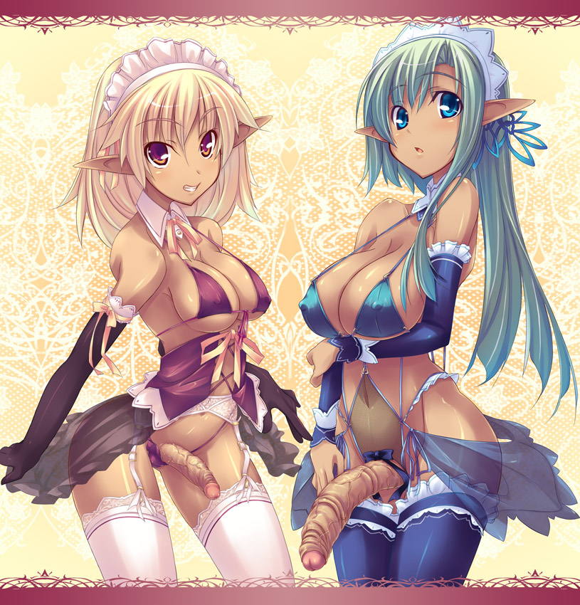 shimakaze (soundz of bell), original, 2futa, bikini, blonde hair, blue eyes, bow, breasts, covered erect nipples, dark skin, detached sleeves, elbow gloves, elf, foreskin, futanari, garter belt, gloves, green hair, large breasts, large penis, long hair, multiple futa, navel, penis, pointy ears, see-through clothes, swimsuit, thighhighs, uncensored, yellow eyes