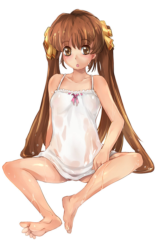 suoni (deeperocean), original, bad id, bad pixiv id, 1girl, barefoot, brown eyes, brown hair, chemise, feet, female focus, hair ribbon, legs, long hair, ribbon, see-through clothes, sitting, solo, twintails, very long hair, wet