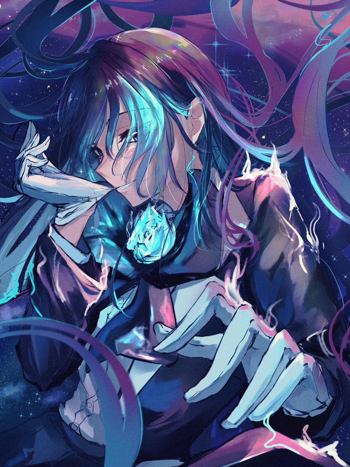 tanake (tanakei ado), chando (ado), ado (utaite), commentary, hashtag-only commentary, highres, 1girl, blue flower, blue hair, blue rose, closed mouth, floating hair, flower, glove in mouth, gloves, hand up, long hair, long sleeves, mouth hold, rose, shirt, solo, utaite, white gloves, white shirt
