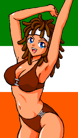 seiuchin, kinnikuman, kinnikuman nisei, lowres, 1girl, :d, armpits, arms up, bikini, blue eyes, breasts, brown hair, cleavage, dreadlocks, fangs, female focus, flag, genderswap, genderswap (mtf), headband, large breasts, long hair, navel, oekaki, open mouth, smile, solo, standing, swimsuit