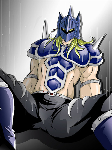 kevin mask, kinnikuman, kinnikuman nisei, lowres, 1boy, armor, helmet, looking at viewer, male focus, muscular, rain, solo