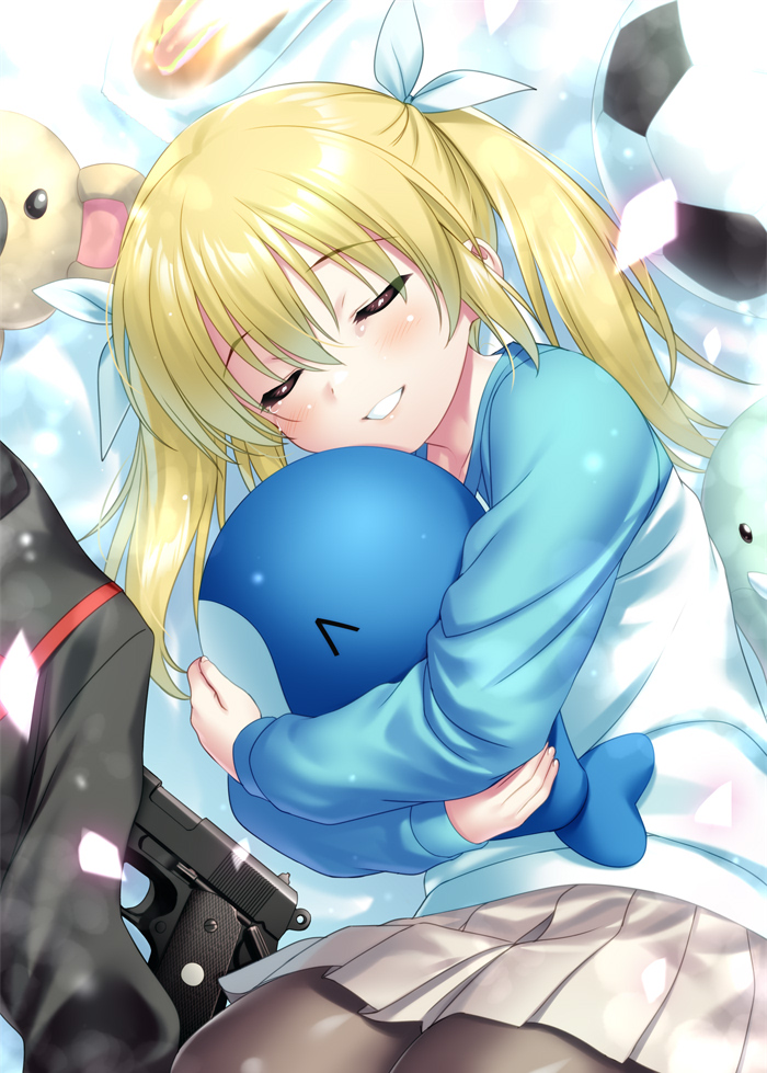 zen (kamuro), tokido saya, little busters!, 1girl, black pantyhose, blonde hair, closed eyes, cowboy shot, gun, hugging doll, hugging object, long hair, lying, on side, pantyhose, parted lips, pleated skirt, raglan sleeves, skirt, sleeping, smile, solo, stuffed whale, twintails, weapon, white skirt