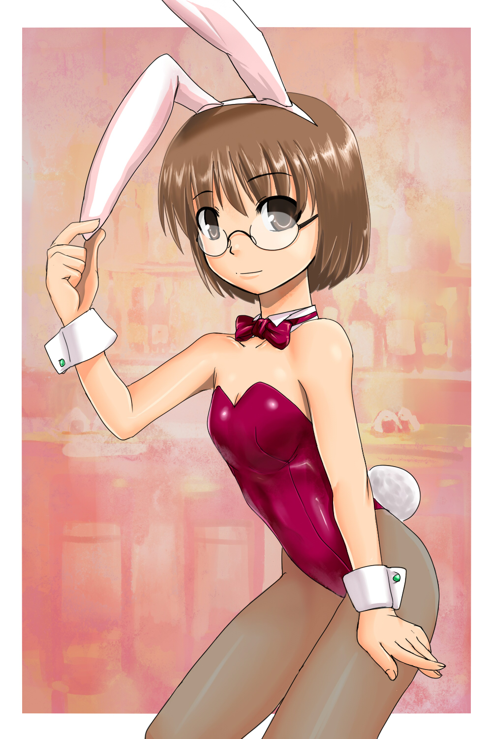 judge martin, highres, animal ears, brown eyes, brown hair, fake animal ears, glasses, pantyhose, playboy bunny, rabbit ears, rabbit tail, short hair, solo, tail, wrist cuffs