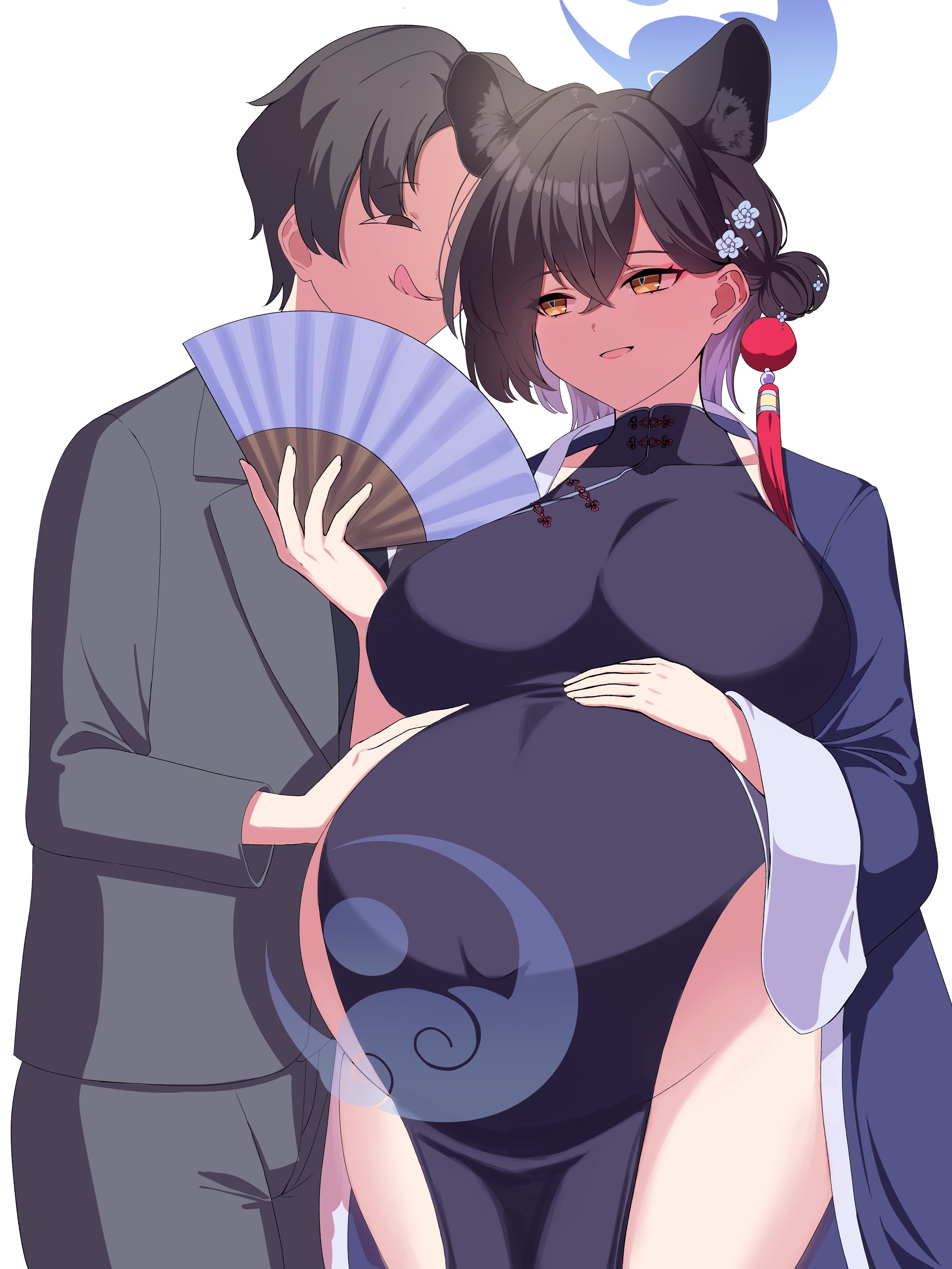 madrawing, kaguya (blue archive), sensei (blue archive), blue archive, absurdres, highres, 1boy, 1girl, :q, animal ears, anya's heh face (meme), belly rub, black dress, breasts, china dress, chinese clothes, dress, hand fan, hands on own stomach, holding, holding fan, husband and wife, if they mated, large breasts, looking at another, meme, panther ears, panther girl, pregnancy halo, pregnant, slit pupils, standing, thigh gap, tongue, tongue out