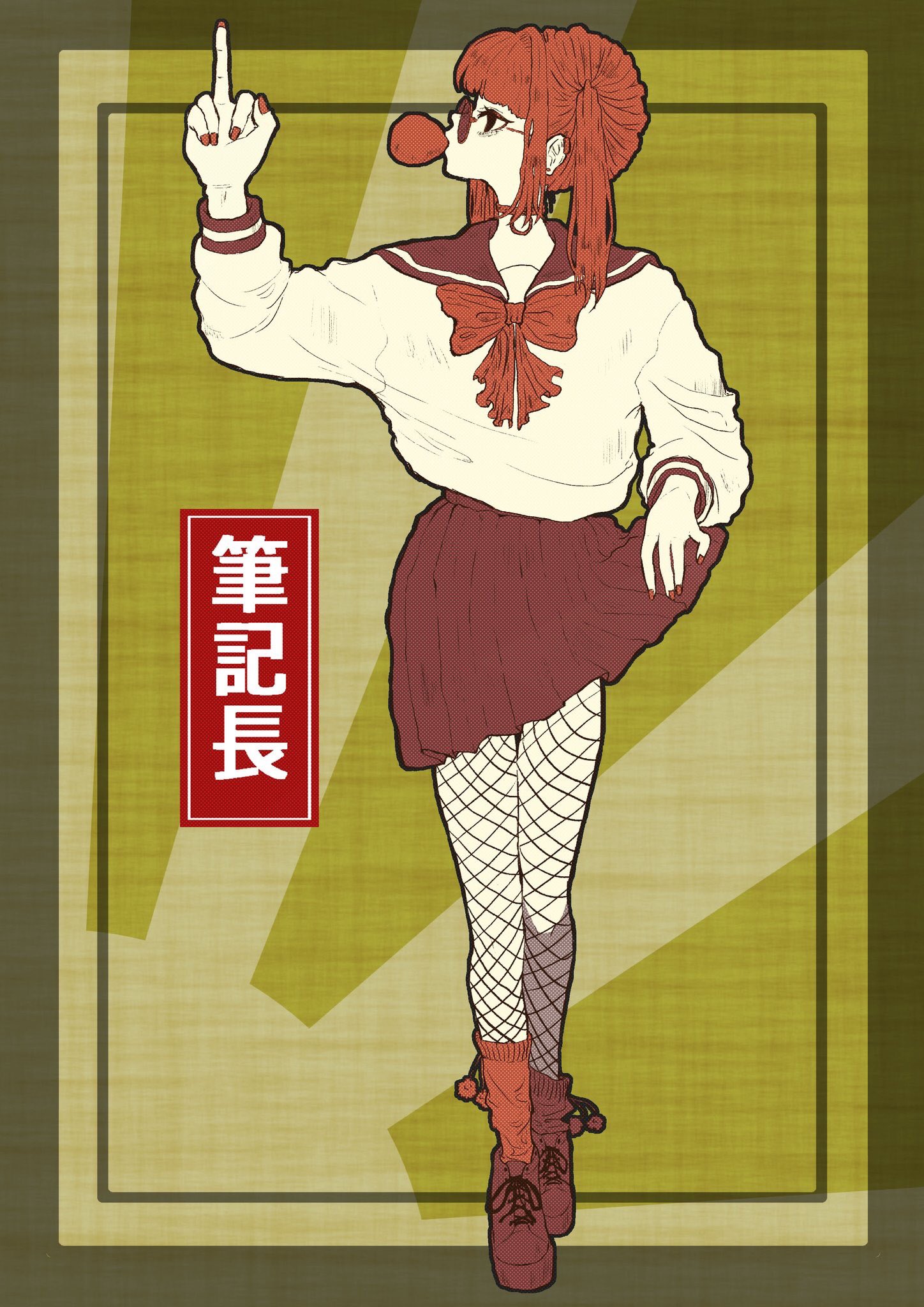 original, highres, translation request, 1girl, blowing bubble gum, blunt bangs, bow, chewing gum, fishnet pantyhose, fishnets, full body, long hair, long sleeves, looking up, middle finger, pantyhose, pleated skirt, red bow, red hair, red nails, red sailor collar, red shoes, red skirt, red socks, rin (rinchoco91), round eyewear, sailor collar, school uniform, serafuku, shirt, shoes, sidelocks, skirt, skirt hold, socks, solo, standing, sunglasses, twintails, white shirt