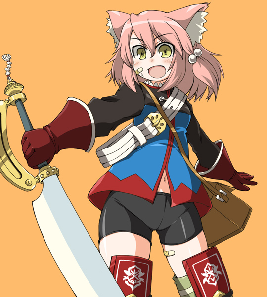 naitou kouse, fighter (7th dragon), harukara (7th dragon), 7th dragon, 7th dragon (series), 1girl, animal ears, bandaid, cat ears, female focus, gloves, pink hair, solo, sword, weapon, yellow eyes