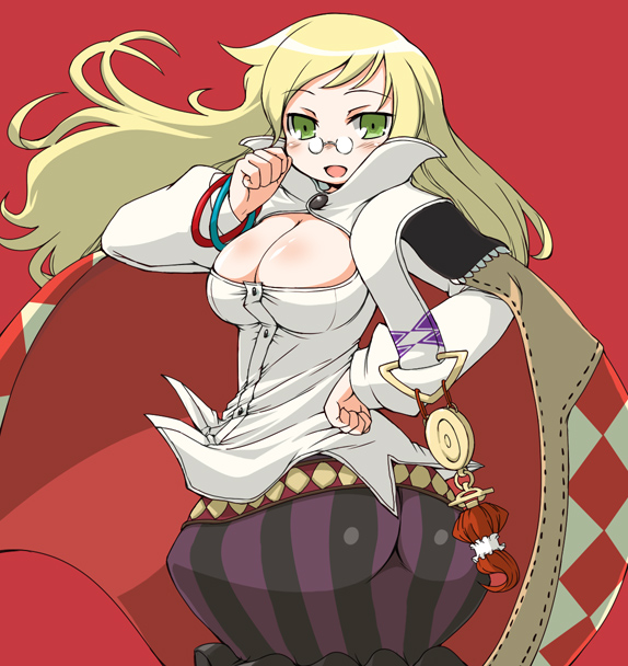 naitou kouse, mage (7th dragon), vanessa (7th dragon), 7th dragon, 7th dragon (series), 1girl, ass, blonde hair, blush, breasts, cape, cleavage, glasses, green eyes, huge ass, large breasts, long hair, looking back