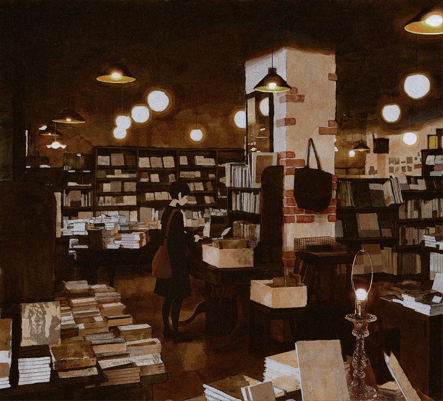kumaori jun, original, bad id, bad pixiv id, 1girl, black hair, book, bookstore, female focus, indoors, lamp, library, mirror, room, school uniform, sepia, serafuku, shop, short hair, solo, too many, too many books