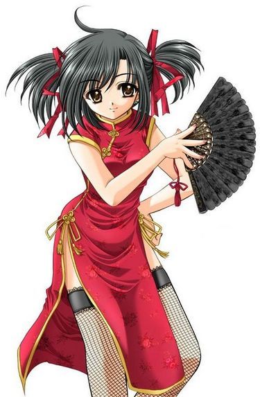 nishimata aoi, 1girl, black hair, brown eyes, china dress, chinese clothes, dress, female focus, fishnet thighhighs, fishnets, folding fan, hand fan, hand on own hip, hip focus, holding, holding fan, ribbon, short twintails, simple background, solo, thighhighs, twintails, white background