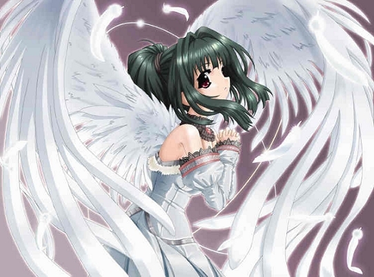 jpeg artifacts, angel, choker, collar, dress, green hair, ponytail, solo, wings