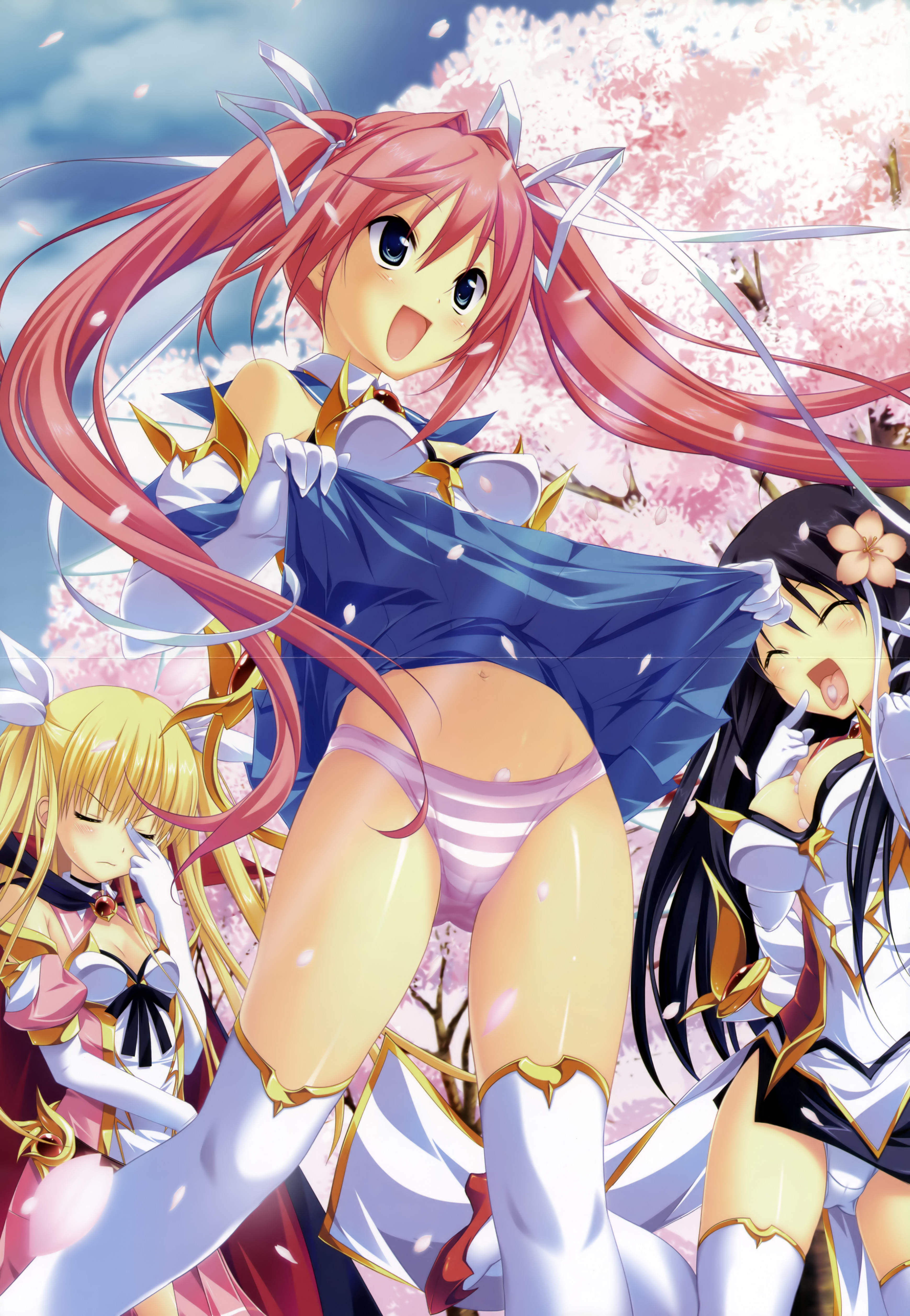 koku, haruno sakura (stellula eques), himemiya hiori, kodama izayoi, stellula eques, absurdres, highres, scan, 3girls, black hair, blonde hair, blue eyes, breasts, cape, cherry blossoms, cleavage, closed eyes, clothes lift, crease, day, elbow gloves, flashing, flat chest, flower, gloves, hair flower, hair ornament, long hair, medium breasts, multiple girls, outdoors, panties, petals, pink hair, pointing, ribbon, skirt, skirt lift, striped clothes, striped panties, thighhighs, tongue, twintails, underwear, very long hair, white panties, white thighhighs, wind