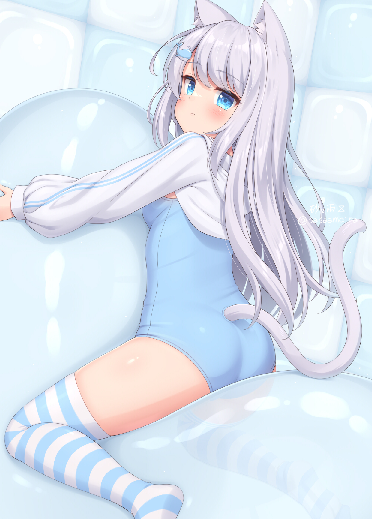sasaame, original, highres, 1girl, animal ears, blue eyes, breasts, cat ears, cat girl, cat tail, long hair, medium breasts, solo, striped clothes, striped thighhighs, tail, thighhighs