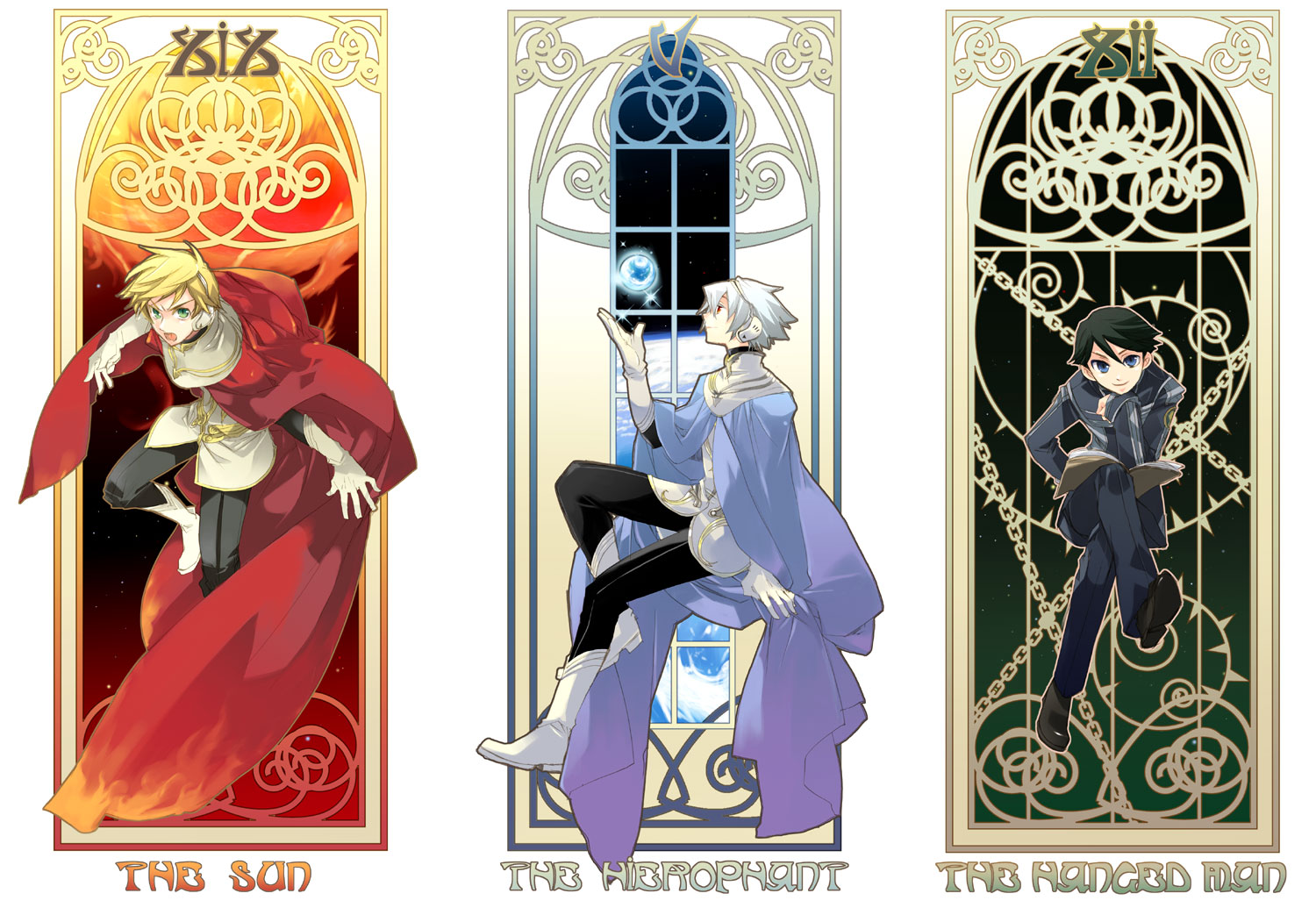 kouen, jomy marquis shin, seki rei shiroe, soldier blue, toward the terra, silver hair, 3boys, albino, blonde hair, blue eyes, book, boots, cape, card, card (medium), crossed legs, earth (planet), gloves, green eyes, green hair, headphones, looking at viewer, male focus, multiple boys, planet, red eyes, school uniform, sitting, smile, space, star (symbol), tarot, tarot (medium), the hanged man (tarot), the hierophant (tarot), the sun (tarot), window
