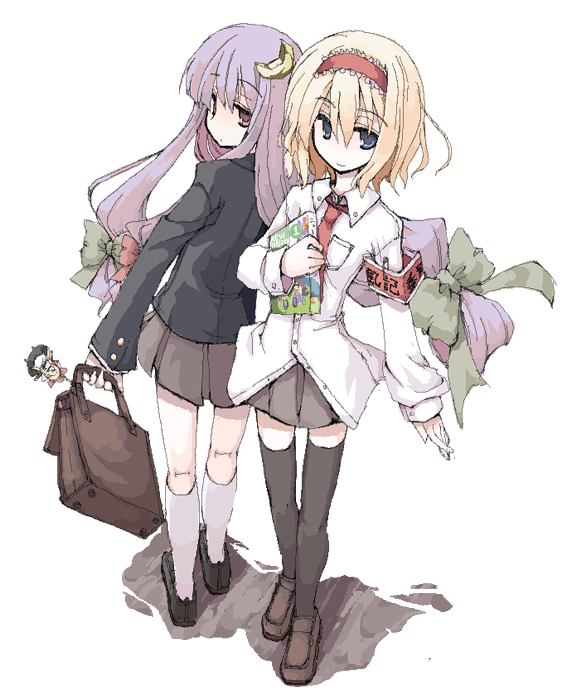 mochiki, alice margatroid, patchouli knowledge, shanghai doll, touhou, 2girls, alternate costume, armband, bag, blonde hair, blue eyes, contemporary, crescent, crescent hair ornament, female focus, flower, hair ornament, hairband, long hair, looking back, multiple girls, necktie, oekaki, purple eyes, purple hair, school uniform, short hair, thighhighs