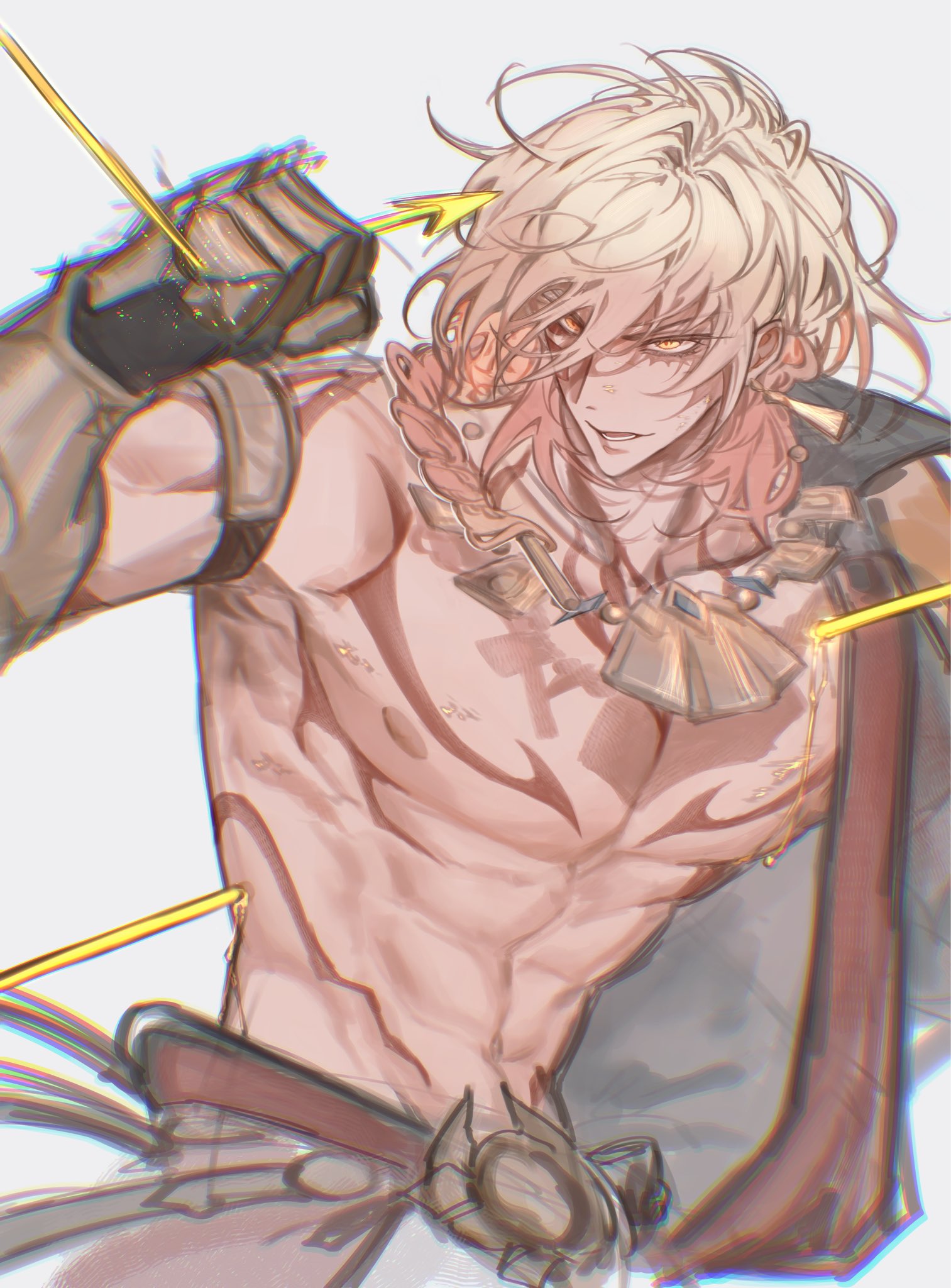 mydei (honkai: star rail), honkai: star rail, honkai (series), commentary, english commentary, highres, 1boy, abs, arm tattoo, armlet, black coat, blonde hair, braid, chest tattoo, clawed gauntlets, coat, earrings, facial tattoo, gold earrings, gold necklace, gradient hair, grey background, impaled, jewelry, male focus, medium hair, multicolored hair, necklace, open clothes, open coat, pikminpurplest, red hair, red tattoo, side braid, simple background, solo, tattoo, toned, toned male, yellow blood, yellow eyes