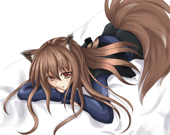 holo, spice and wolf, 00s, animal ears, brown hair, dress, fang, long hair, lying, red eyes, solo, tail, wolf ears, wolf tail