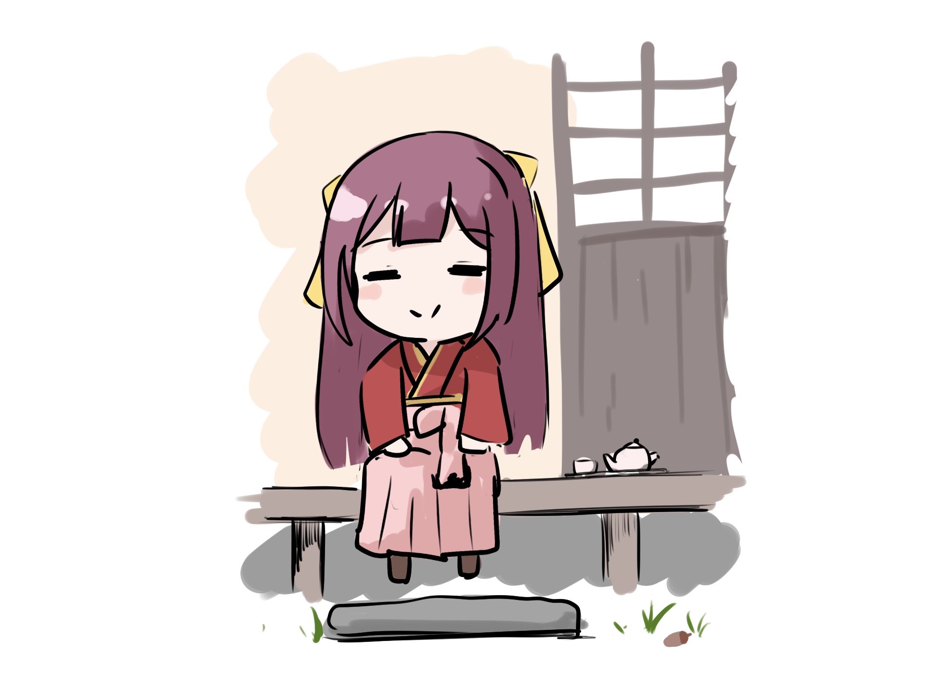 kashiwa no udon, kamikaze (kancolle), kantai collection, highres, 1girl, bow, closed eyes, cup, facing viewer, full body, hakama, hakama skirt, japanese clothes, kimono, meiji schoolgirl uniform, pink hakama, purple hair, red kimono, skirt, solo, teacup, teapot, veranda, yellow bow