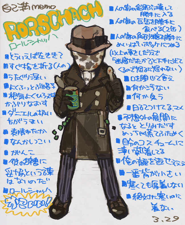 rorschach, dc comics, watchmen, bad id, bad pixiv id, translation request, 1boy, character name, male focus, solo