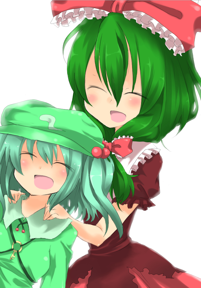 mikan (ama no hakoniwa), mikan (pixiv476380), kagiyama hina, kawashiro nitori, touhou, 2girls, blue hair, closed eyes, female focus, front ponytail, green hair, hair ribbon, hat, long hair, multiple girls, ribbon, short hair, smile, two side up