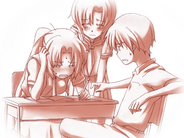 rato, maebara keiichi, ryuuguu rena, sonozaki mion, higurashi no naku koro ni, game cg, non-web source, official art, 00s, 1boy, 2girls, desk, monochrome, multiple girls, notebook, pen, pink theme, school uniform, serafuku