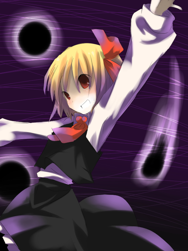 mikan (ama no hakoniwa), mikan (pixiv476380), rumia, embodiment of scarlet devil, touhou, 1girl, blonde hair, darkness, female focus, gradient hair, hair ribbon, multicolored hair, outstretched arms, purple hair, red eyes, ribbon, short hair, smile, solo, spread arms