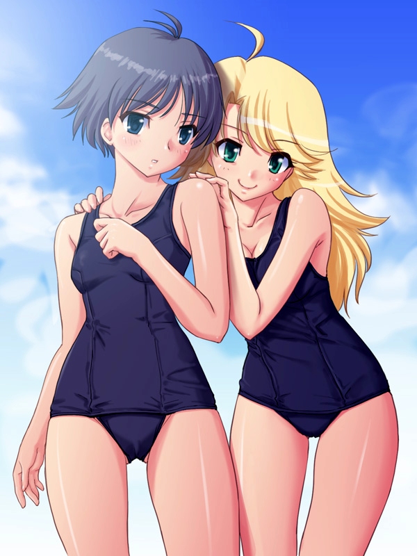 tadano akira, hoshii miki, kikuchi makoto, idolmaster, idolmaster (classic), idolmaster 1, non-web source, 00s, ahoge, antenna hair, black hair, blonde hair, blue eyes, green eyes, long hair, one-piece swimsuit, school swimsuit, short hair, swimsuit